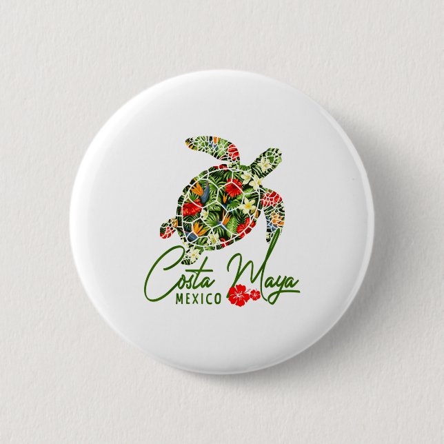 Badge Rond 5 Cm Costa Maya Mexico Sea Turtle Trocal Hibiscus Vacat (Devant)