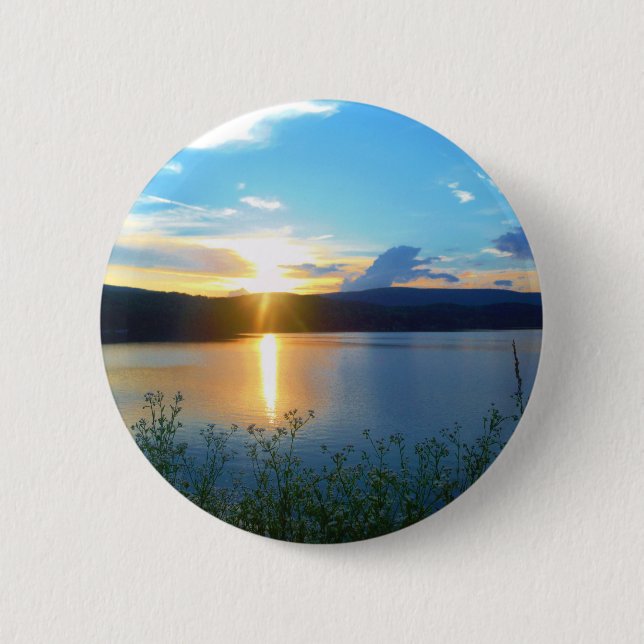 Badge Rond 5 Cm Coucher de soleil bleu sur le lac (Devant)