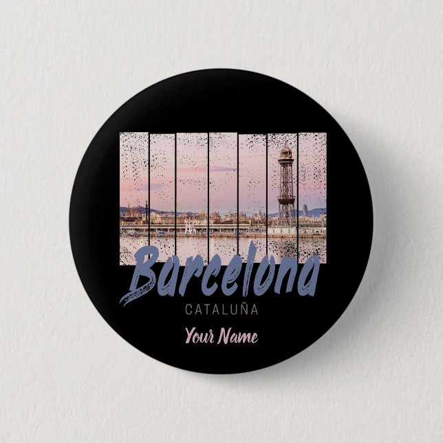 Badge Rond 5 Cm coucher de soleil de Barcelone Catalogne Skyline E (Devant)