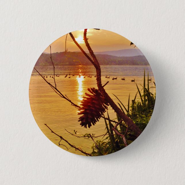 Badge Rond 5 Cm Coucher de soleil du lac Pinecone (Devant)