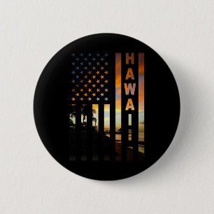 Badge Rond 5 Cm Coucher de soleil Hawaï Drapeau américain Honolulu
