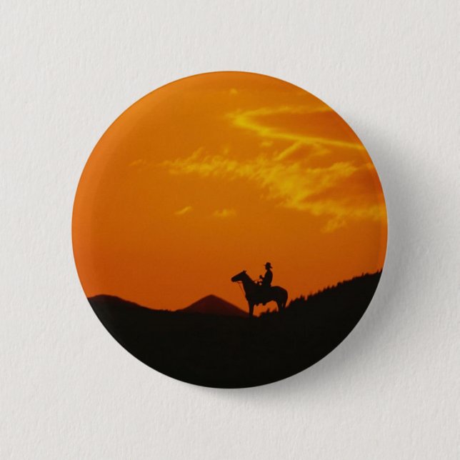 Badge Rond 5 Cm Coucher de soleil orange avec silhouette Cowboy (Devant)