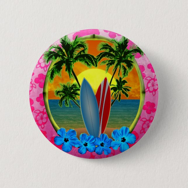 Badge Rond 5 Cm Coucher du soleil et planches de surf (Devant)