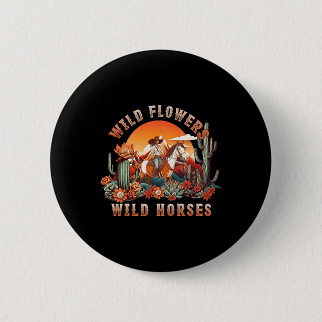 Badge Rond 5 Cm Coucher du soleil fille équitation Cheval Fleurs s (Devant)