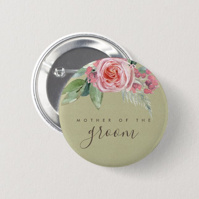 BADGE ROND 5 CM COULEUR D'EAU FLEURS ROSE FOLIAGE MÈRE DE GROOM (Devant & derrière)