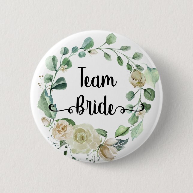 Badge Rond 5 Cm Couronne aquarelle rose Team Bride calligraphie ch (Devant)