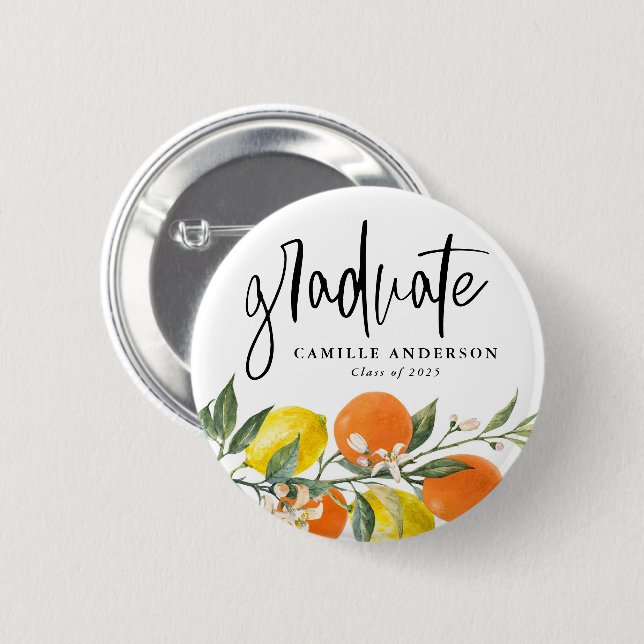 Badge Rond 5 Cm Couronne de fin d'études en orange et citron botan (Devant & derrière)