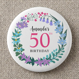 Badge Rond 5 Cm Couronne de fleurs bleues estivales pour fête d'an