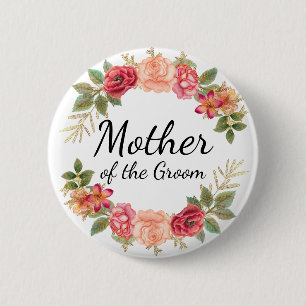 Badge Rond 5 Cm Couronne de fleurs rose rouge bouton "Mère du mari