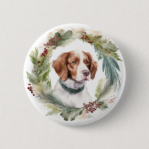Badge Rond 5 Cm Couronne de Noël Brittany Spaniel Chien festif