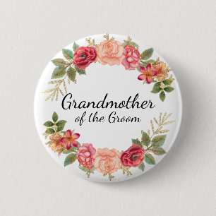 Badge Rond 5 Cm Couronne florale rose rouge Grand-mère Marié bouto