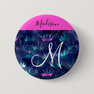 Badge Rond 5 Cm Couronnes de sirène en glitter rose vif monogramme