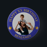 Badge Rond 5 Cm Coutume Gold Blue Joyeux anniversaire photo et âge<br><div class="desc">Photo d'anniversaire et nom d'âge personnalisés</div>