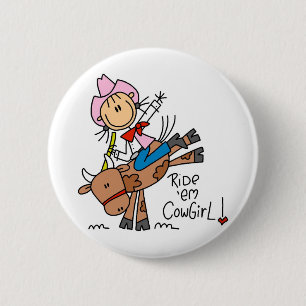 Badge Rond 5 Cm Cow-girl de bâton montant le bouton de Taureau