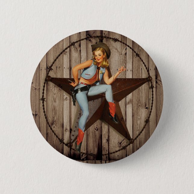 Badge Rond 5 Cm Cow-girl en bois de pays occidental d'étoile de (Devant)