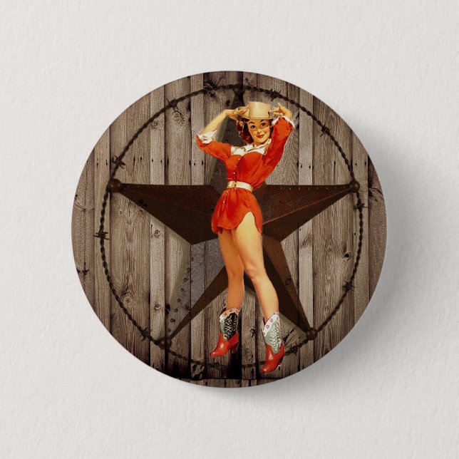 Badge Rond 5 Cm Cow-girl solitaire en bois de pays occidental (Devant)