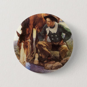 Badge Rond 5 Cm Cowboy arroser son cheval par NC Wyeth, Art Vintag