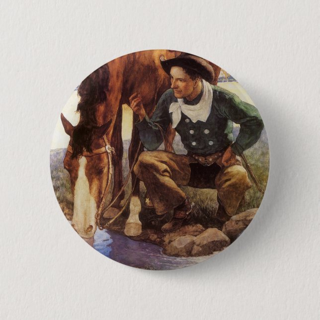 Badge Rond 5 Cm Cowboy arroser son cheval par NC Wyeth, Art Vintag (Devant)