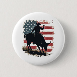 Badge Rond 5 Cm Cowboy Bull Rider Patriotique American Flag Cowboy