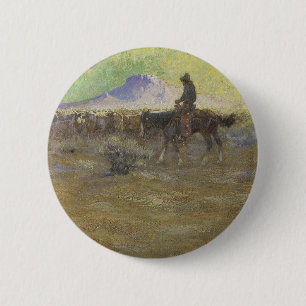 Badge Rond 5 Cm Cowboy menant du bétail dans la plaine par Lon Meg