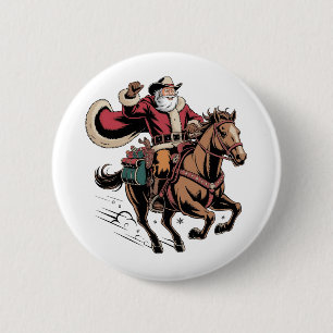Badge Rond 5 Cm Cowboy Père Noël Monter Un Cheval Noël