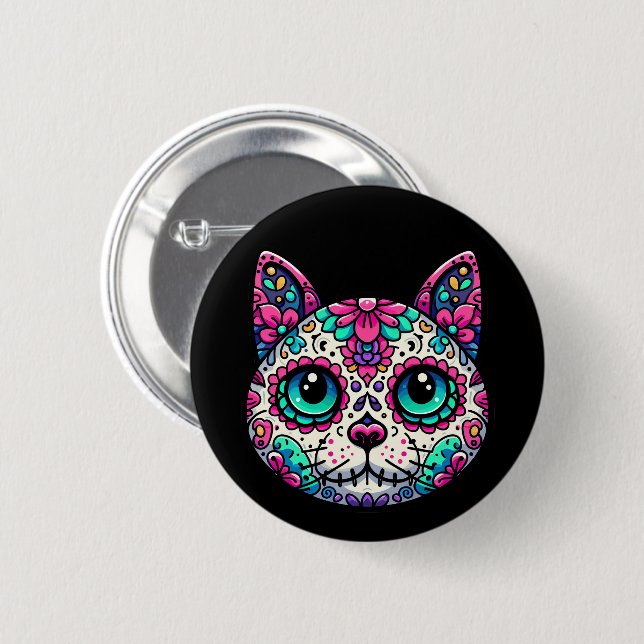 Badge Rond 5 Cm Crâne à sucre de chats coloré (Devant & derrière)