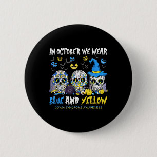 Badge Rond 5 Cm Crâne à sucre Halloween bleu et jaune bas Syndro