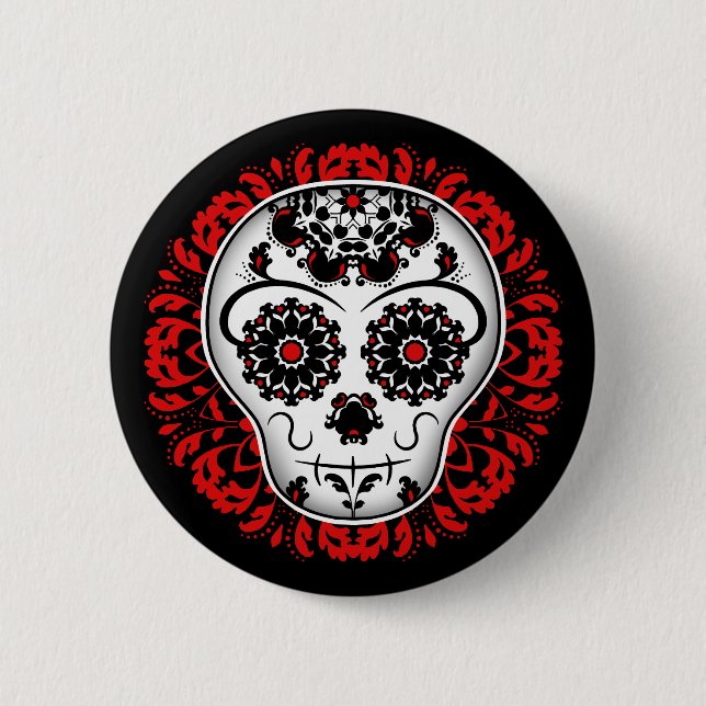 Badge Rond 5 Cm Crâne à sucre sur damas rouge (Devant)