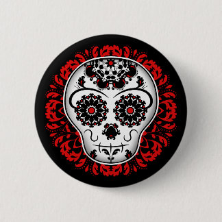 Badge Rond 5 Cm Crâne à sucre sur damas rouge