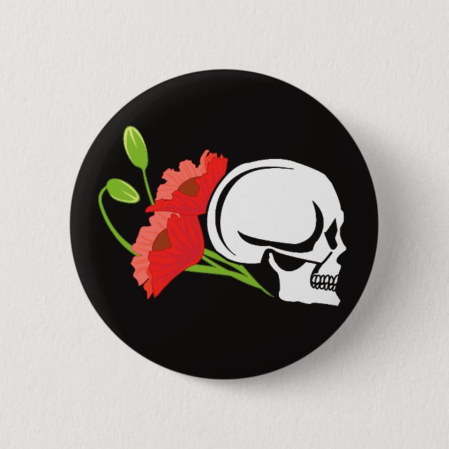 Badge Rond 5 Cm Crâne avec des pavots (Devant)