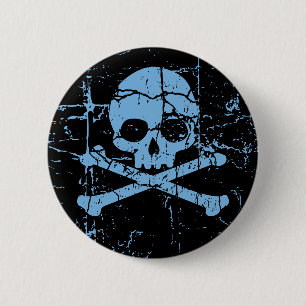 Badge Rond 5 Cm Crâne bleu usé et os croisés