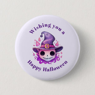 Badge Rond 5 Cm Crâne dans un chapeau de sorcière Fantaisie Hallow