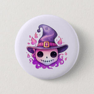 Badge Rond 5 Cm Crâne dans un chapeau de sorcière Fantaisiste