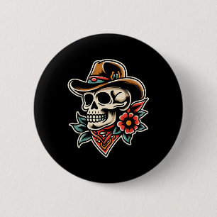 Badge Rond 5 Cm Crâne de cowboy traditionnel tatoueur crâne encré