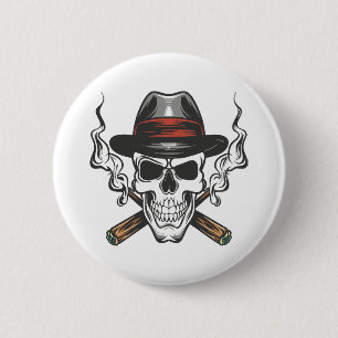Badge Rond 5 Cm Crâne de gangster avec chapeau fedora