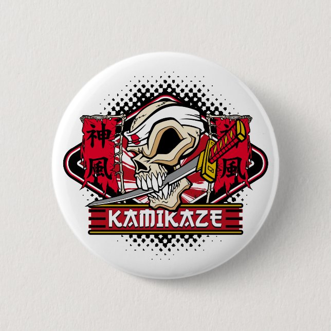 Badge Rond 5 Cm Crâne de Kamikaze avec épée japonaise (Devant)