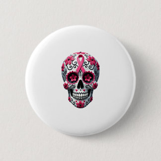 Badge Rond 5 Cm Crâne de sucre à ruban rose Calavera Ruban rose co