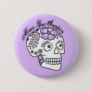 Badge Rond 5 Cm Crâne de sucre floral violet Honorez vos ancêtres