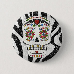 Badge Rond 5 Cm Crâne de sucre Rockabilly RAB sur impression zèbre