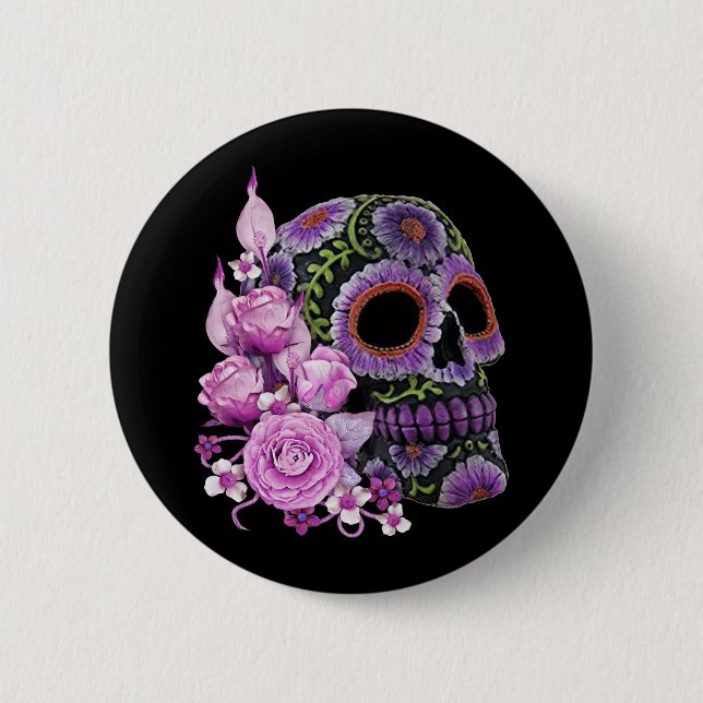 Badge Rond 5 Cm Crâne de sucre rose floral noir Jour des morts (Devant)
