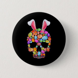 Badge Rond 5 Cm Crâne Drôle Avec Des Oreilles De Lapin Et Œufs De