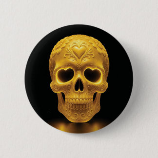 Badge Rond 5 Cm Crâne en sucre doré avec lueur — Yeux de cœur, fon