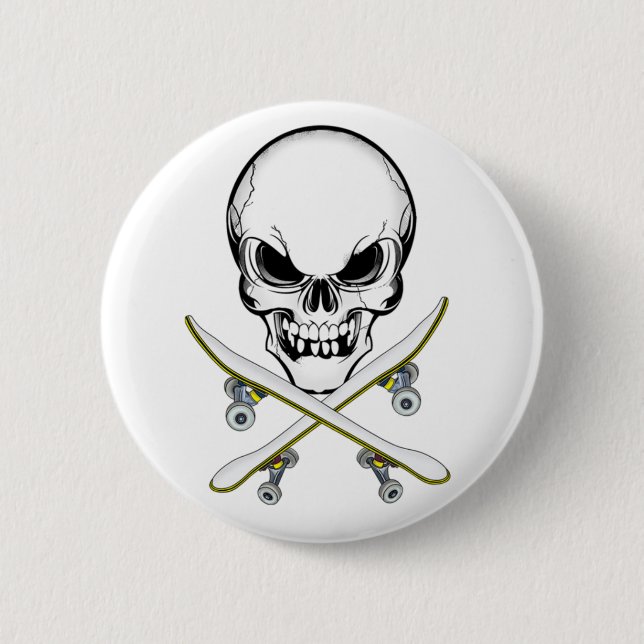 Badge Rond 5 Cm Crâne et bouton croisé de planches à roulettes (Devant)