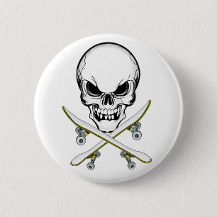 Badge Rond 5 Cm Crâne et bouton croisé de planches à roulettes