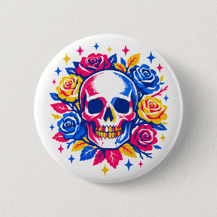 Badge Rond 5 Cm Crâne et fleurs