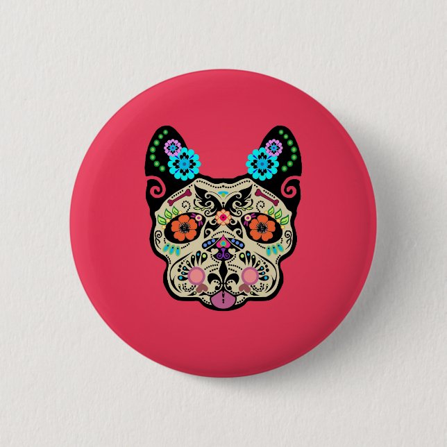 Badge Rond 5 Cm Crâne Frenchie - rose de sucre (Devant)