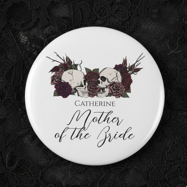Badge Rond 5 Cm Crâne gothique et rose pour mariage (Elegant Gothic Wedding Buttons for Mother of the Bride or Bridesmaid. Gothic Wedding Party Buttons)