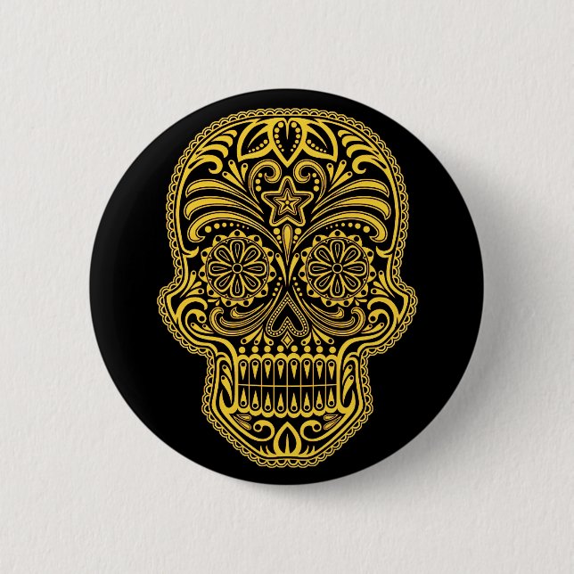 Badge Rond 5 Cm Crâne jaune et noir décoratif de sucre (Devant)