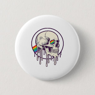 Badge Rond 5 Cm Crâne qui dégouline d'arc-en-ciel Dessin de gravur