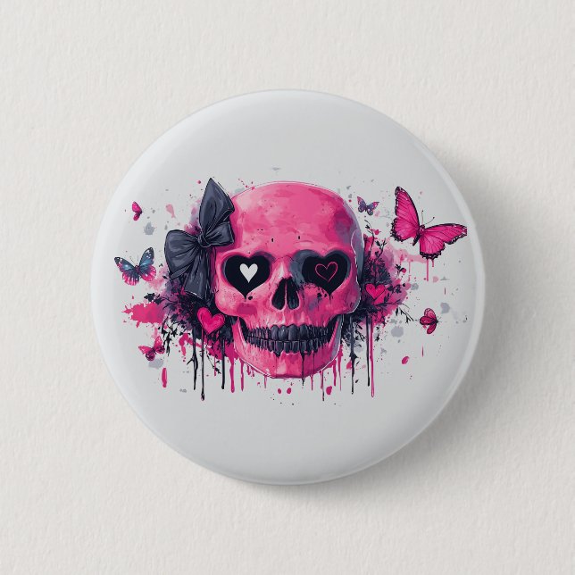 Badge Rond 5 Cm Crâne rose avec papillons et coeurs (Devant)